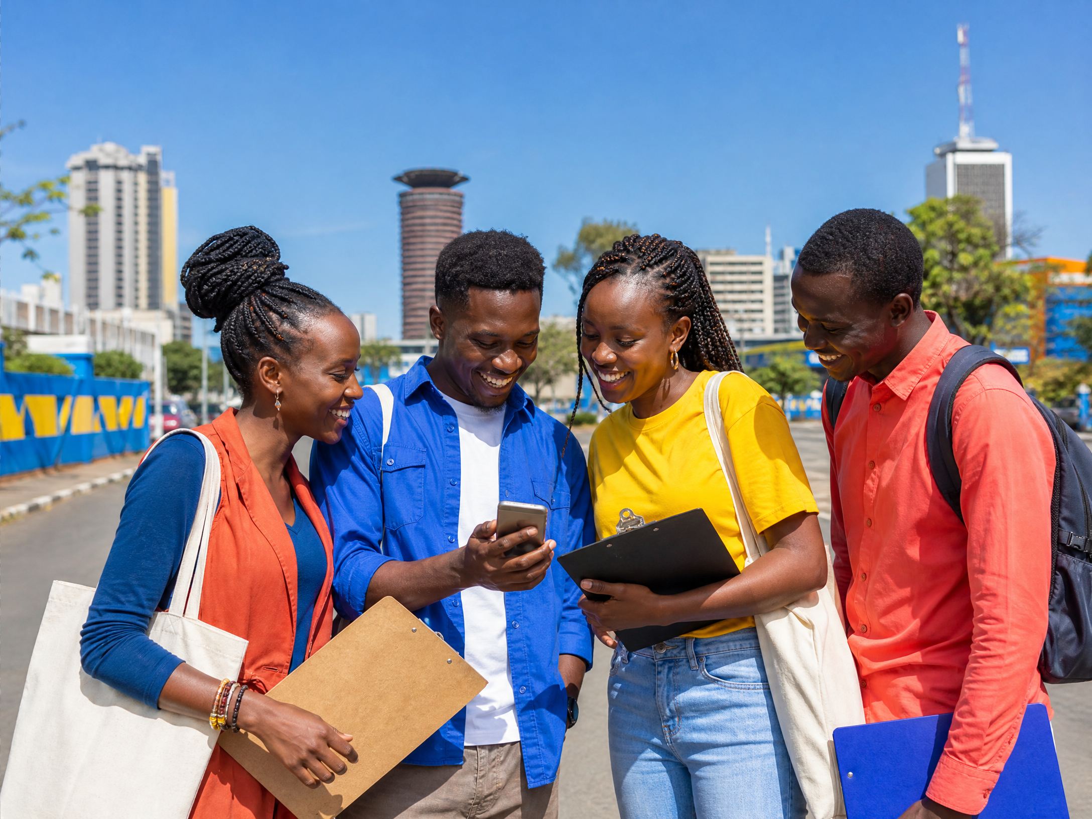 Young African professionals laughing together after a field day