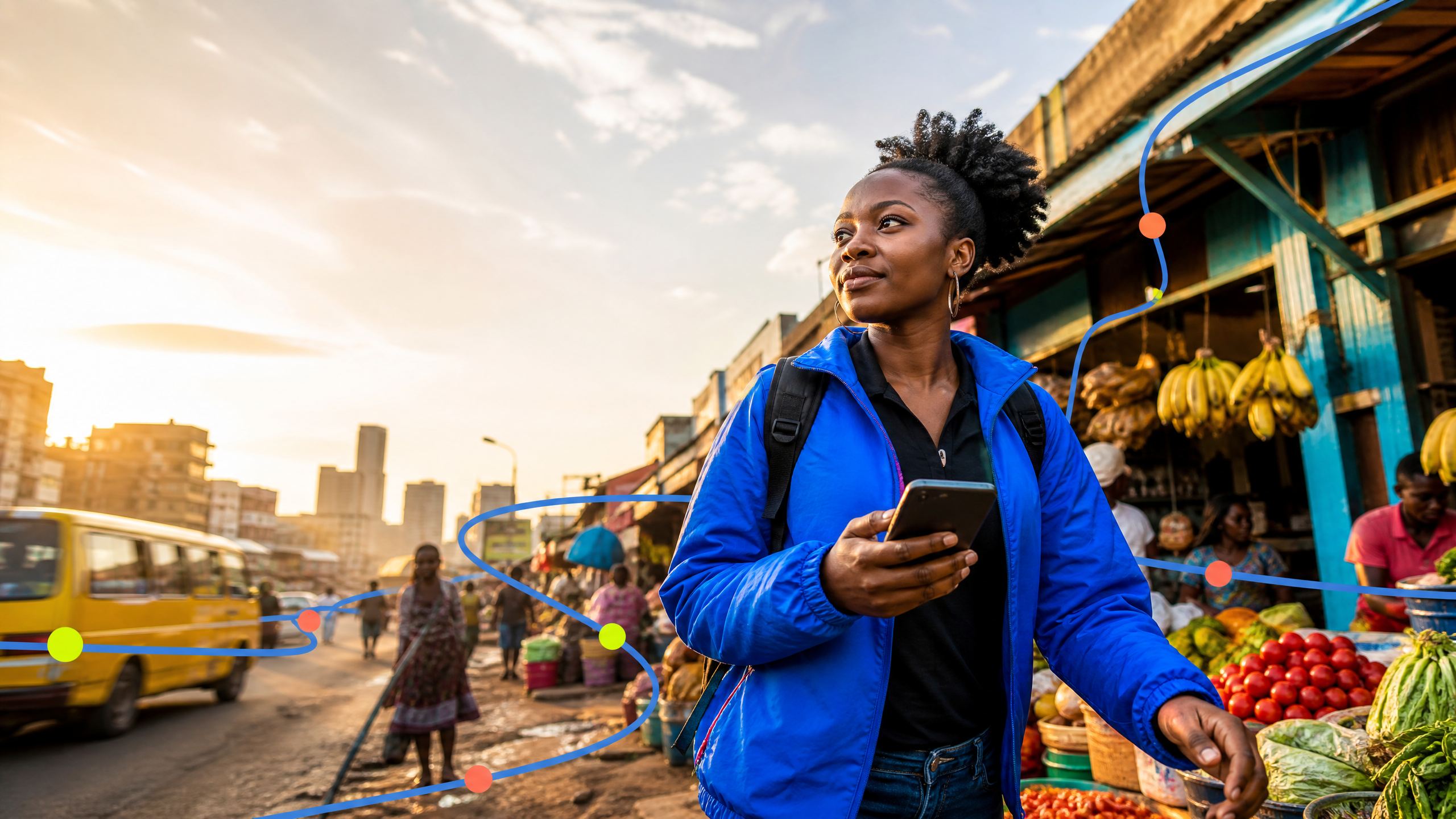A Hokela field agent moving through a market with live route signals