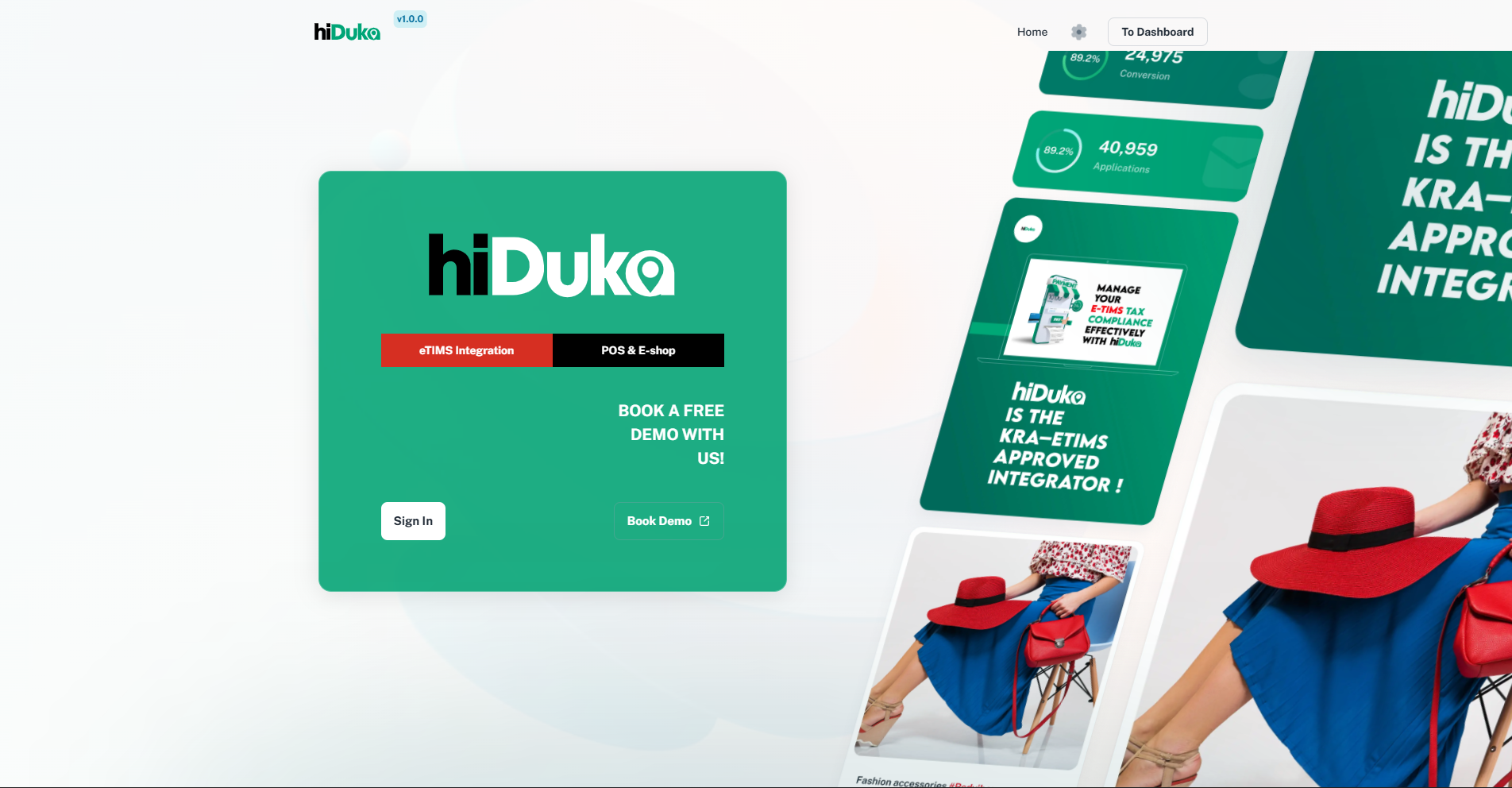 HiDuka product screen showing the eTIMS integration and dashboard promo tiles.